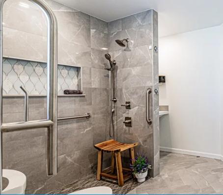 Care home bathroom with a walk-in shower and grab bars
