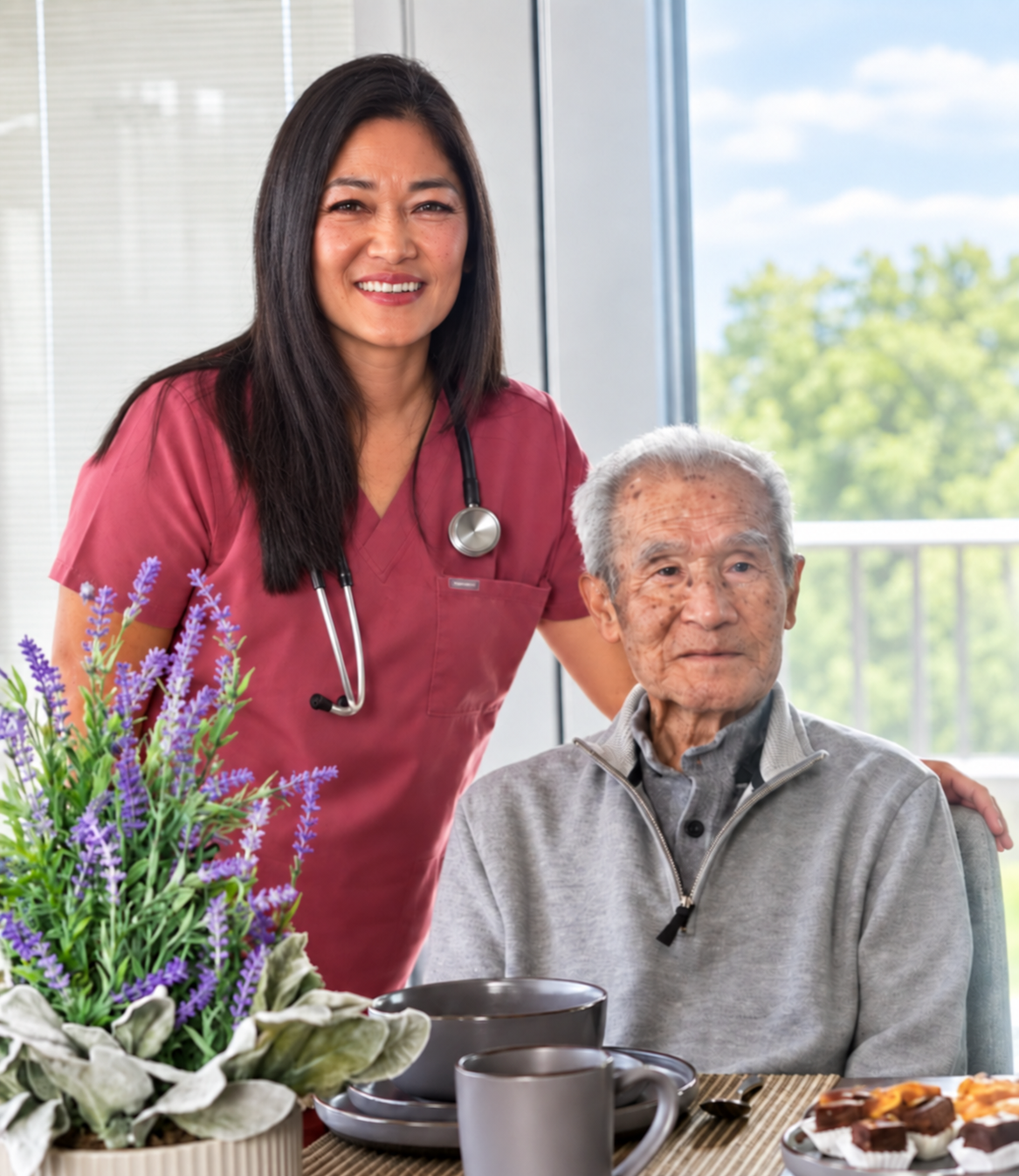 Jill Nishioka with a resident