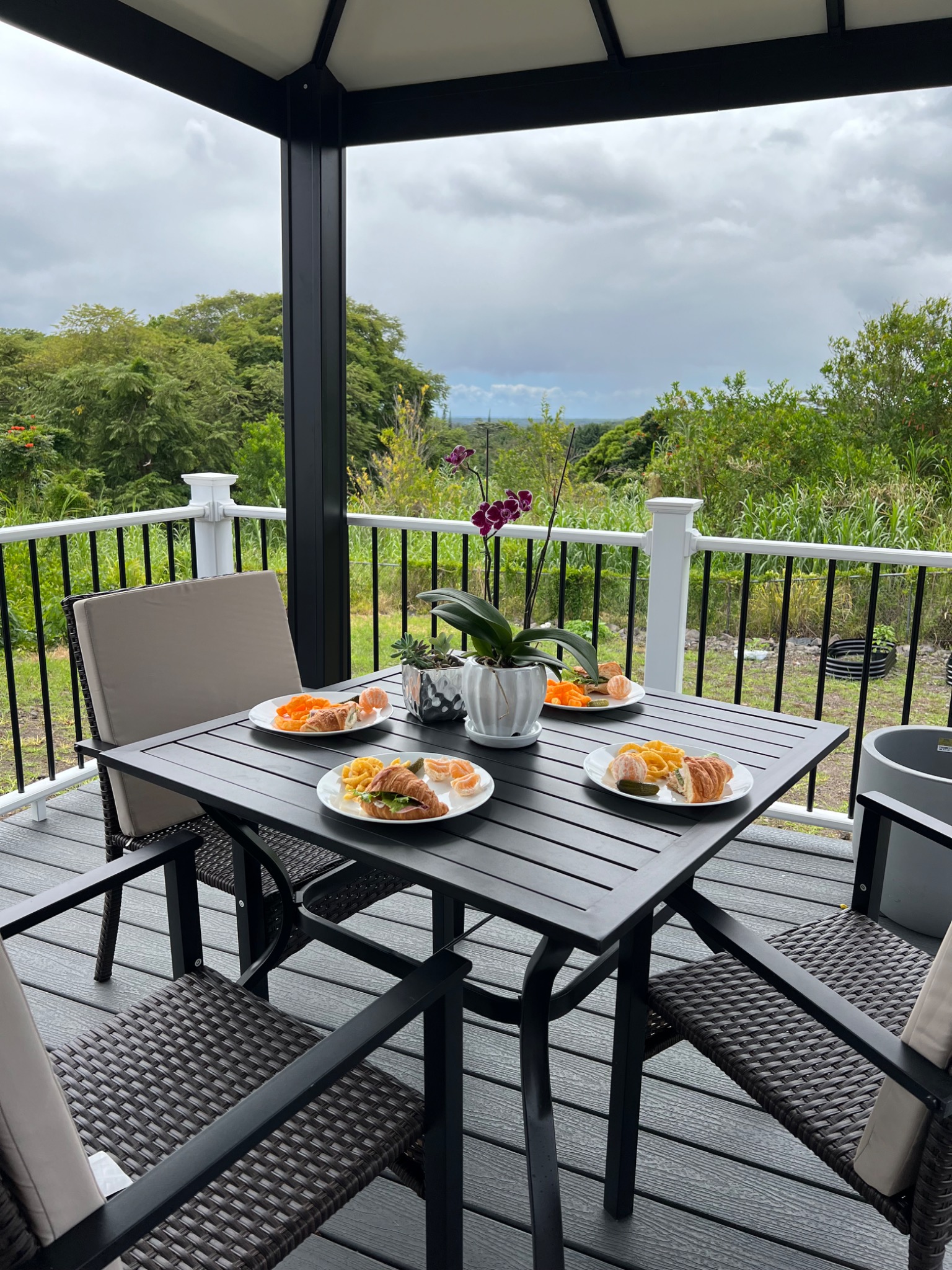 Lanai table set for a meal with garden views